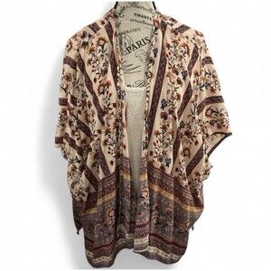 Angie Floral Kimono Cardigan Sweater Women’s Small Red Cream Peasant Hippie Boho